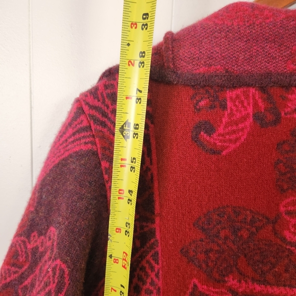 KOOI Knit Long Cardigan Sweater Red Draped Collar Lambswool Pockets Size Medium - Picture 12 of 13